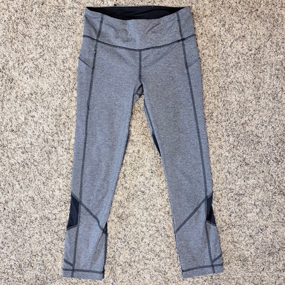 Lululemon Speed Up Crop 21 Heathered Grey Black Mesh Running Leggings Size 4